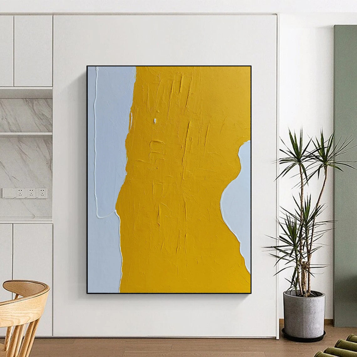 “Yellow, White Minimalist Shape ‘Sunny Simplicity’” - Textured Abstract Painting On Canvas DTP340