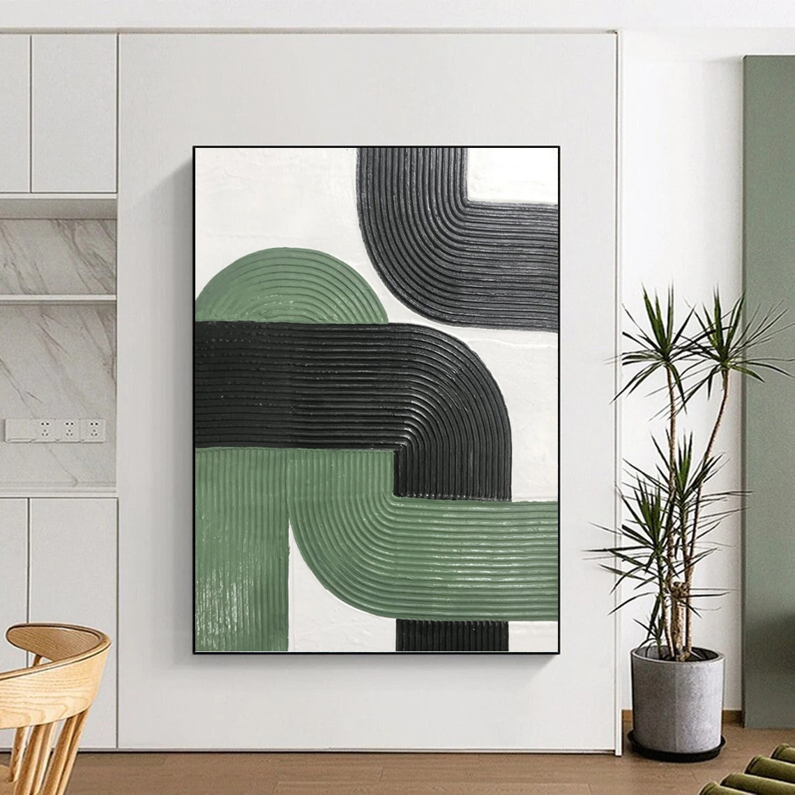 “Intertwined Paths” - Green & Black Ribbed Geometric Painting On Canvas DKH1171