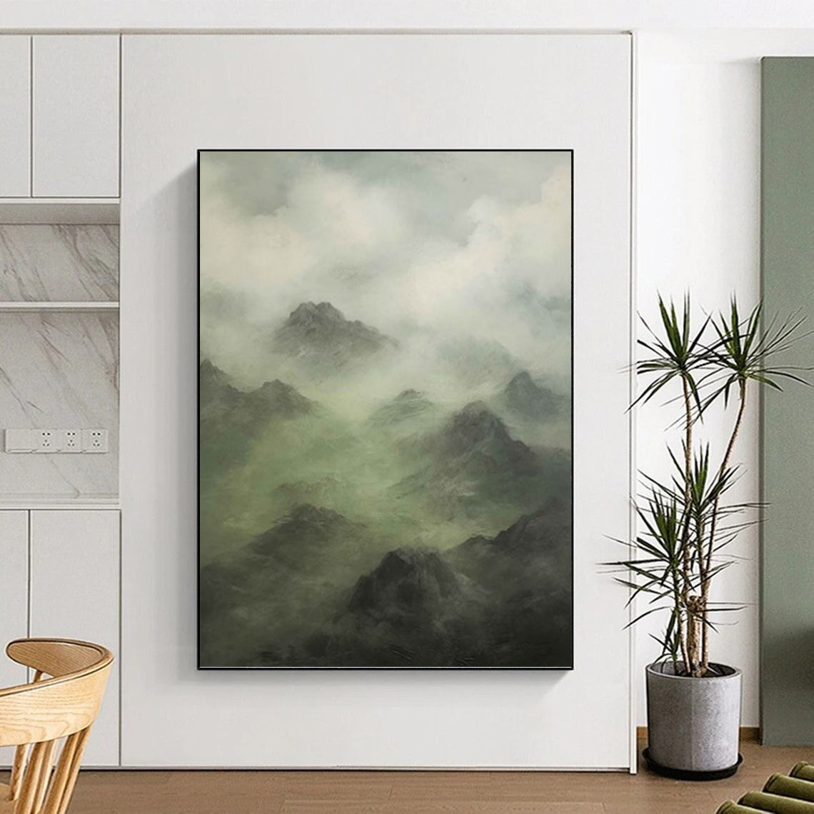 Misty Mountain Landscape in Green and Gray - Landscape Painting On Canvas DKH1480