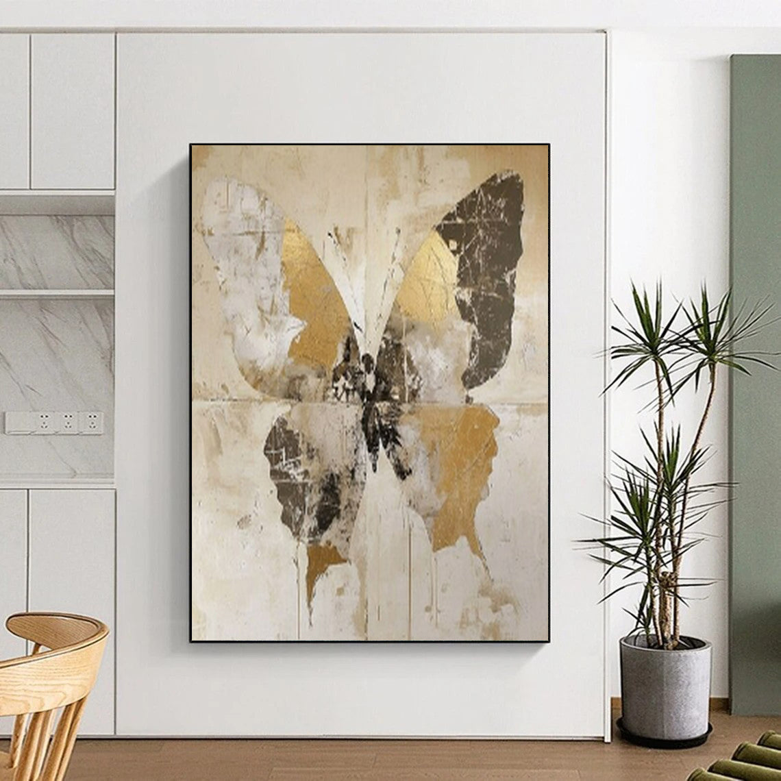 “Vintage Gold Butterfly” - Gold, Gray & Brown Butterfly Painting On Canvas CT2206