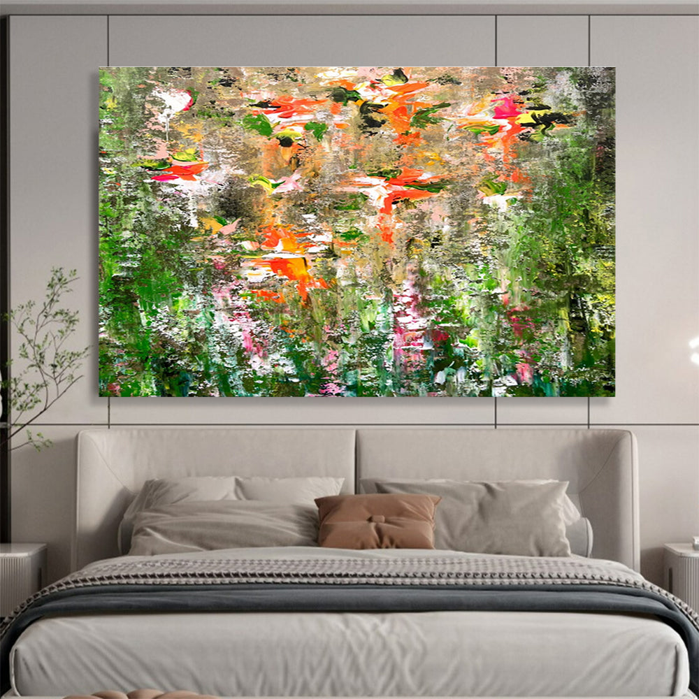 “Blossom Burst in Earthy Hues” - Green, Orange & Pink Floral Abstract Painting On Canvas DKH922