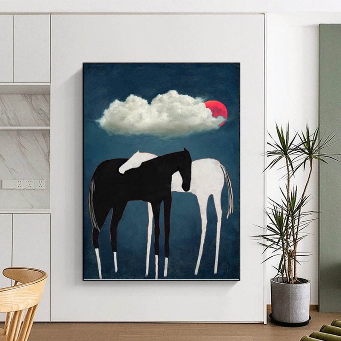 Black and White Horses Under Red Moon and Cloud - Equine Painting On Canvas DKH1418