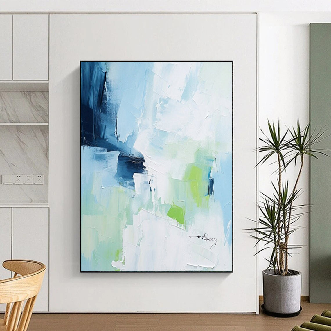 Blue, Green & White Abstract Strokes, “Fresh Breeze” - Impasto Abstract Painting CT0769