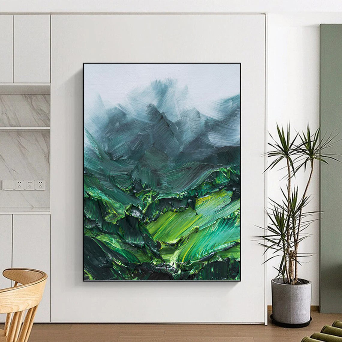 “Green Mountain Impasto” - Green, Teal & Gray Textured Landscape Painting On Canvas DKH0944