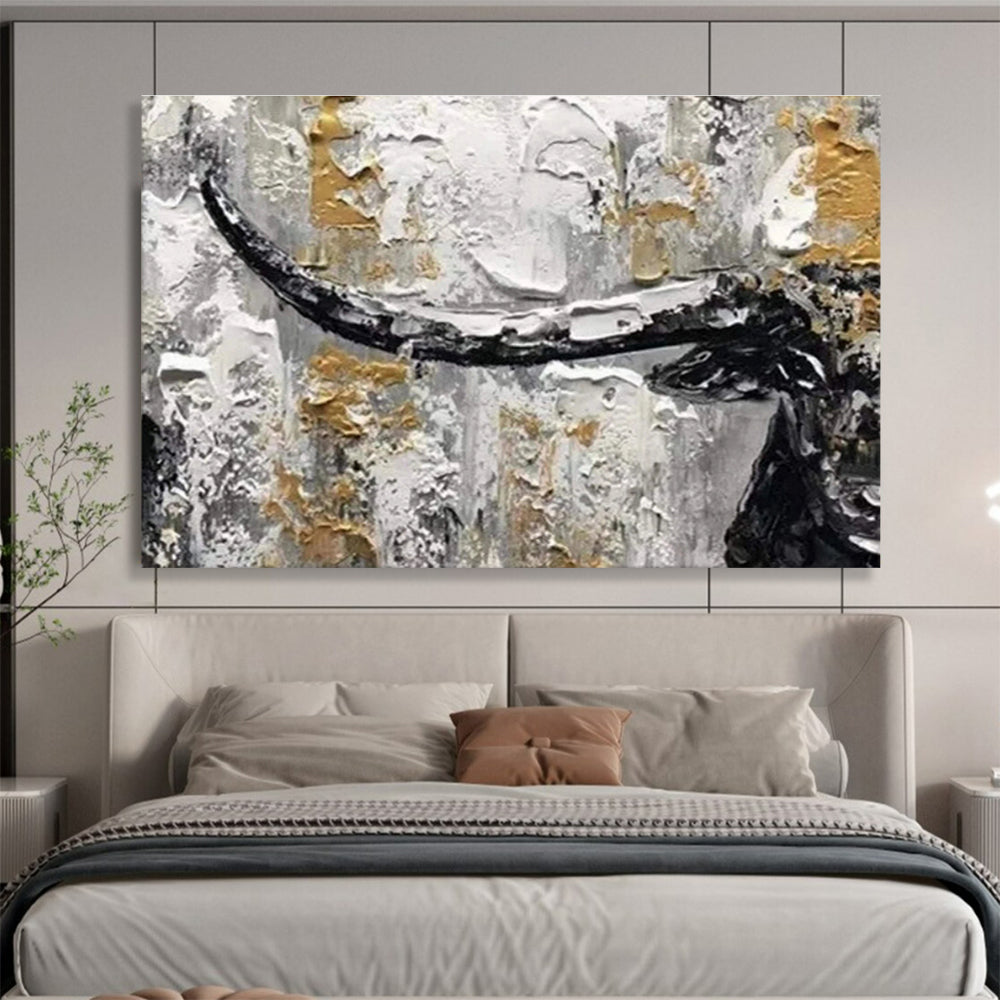 “Black, White & Gold Textured Bull” Abstract Animal Painting On Canvas DKH336