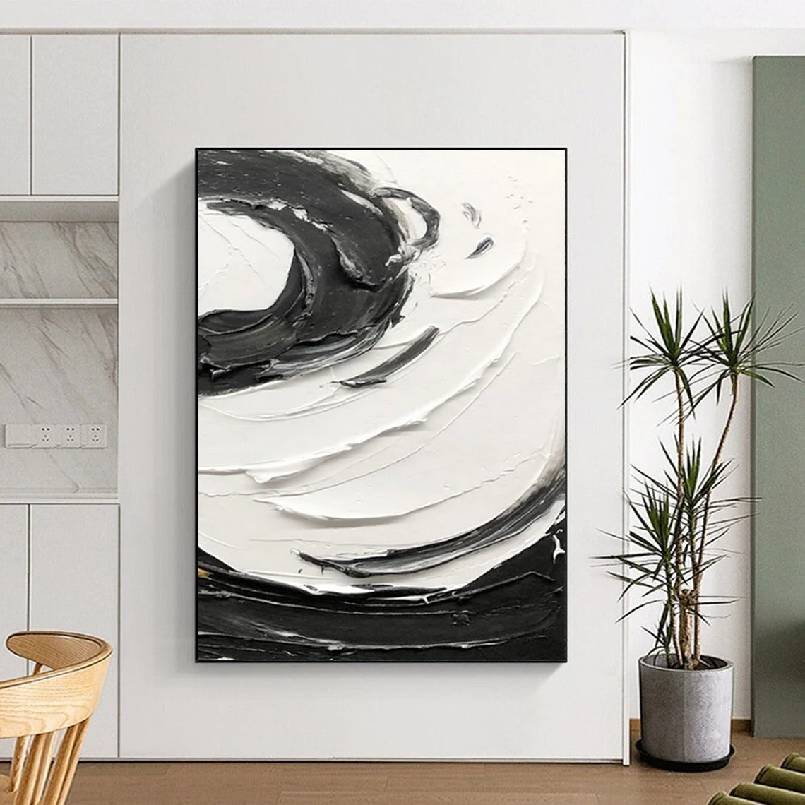 “Black, White Textured Swirls ‘Bold Rhythm’” - Impasto Abstract Painting On Canvas DTP380