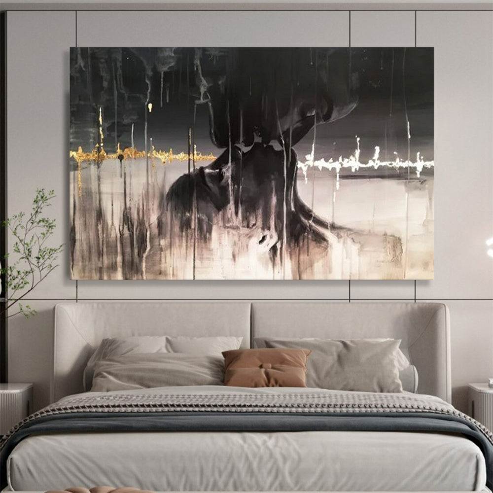 Dark Abstract Figure - Black, White & Gold Figurative Painting On Canvas DKH900