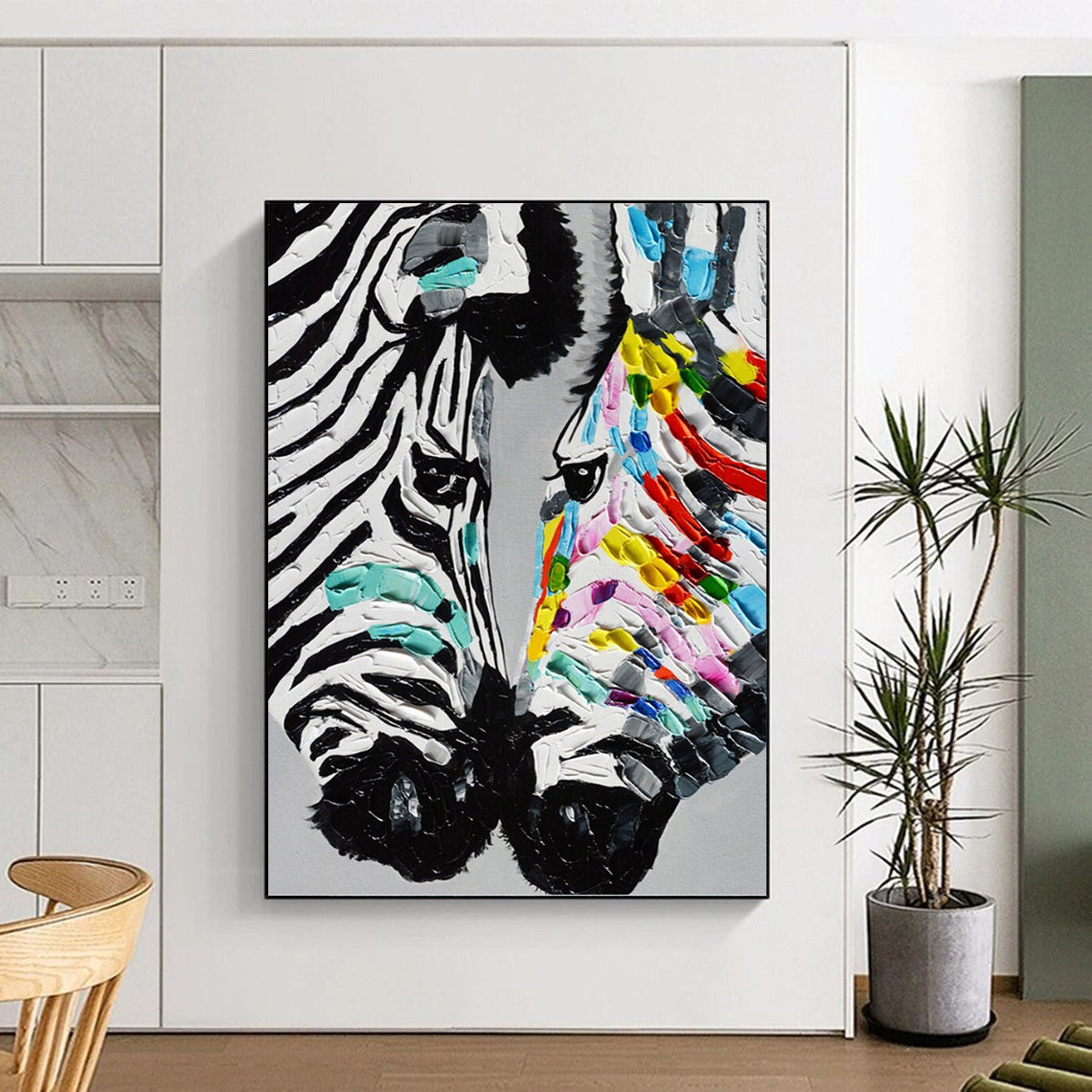 “Colorful Stripes” - Black, White & Colorful Textured Zebra Painting On Canvas DKH1545