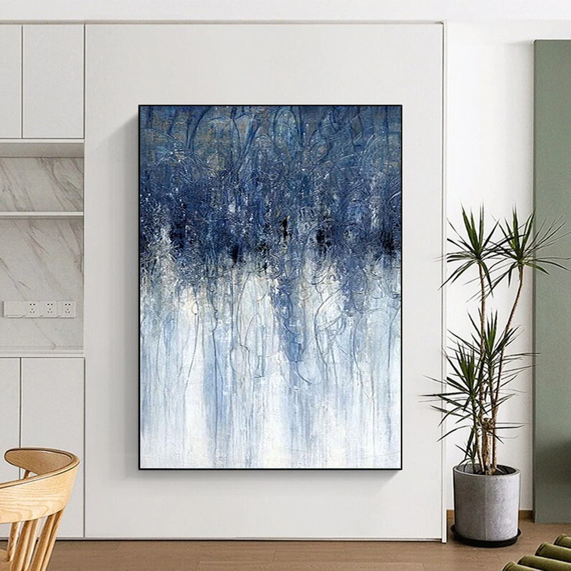 “Dripping Blues” - Blue & White Abstract Vertical Streaks Painting On Canvas DKH1537