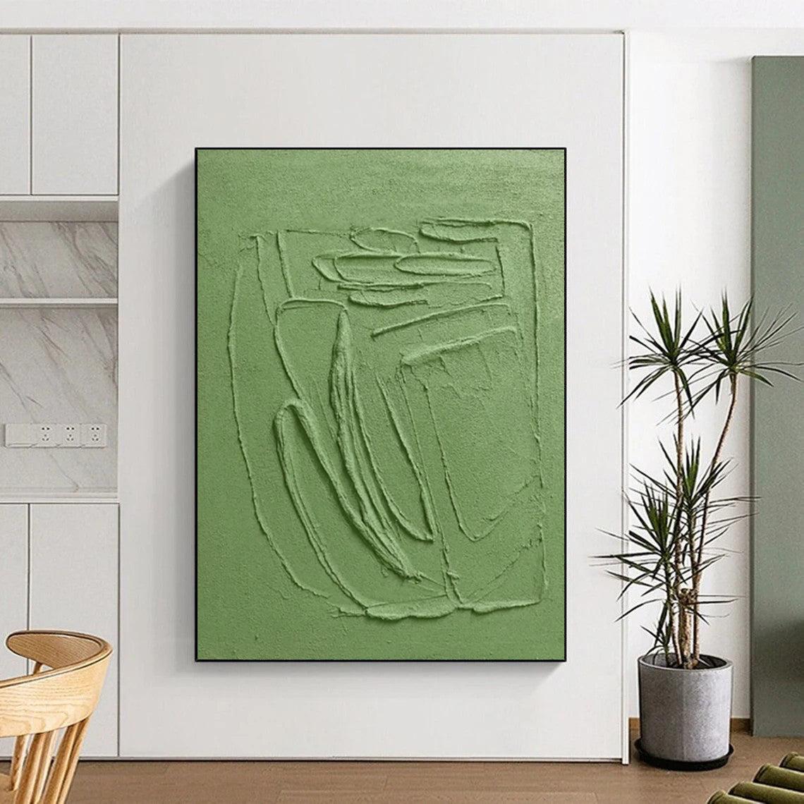 Green Textured Relief - Minimalist Textured Sculptural Painting On Canvas CT2281