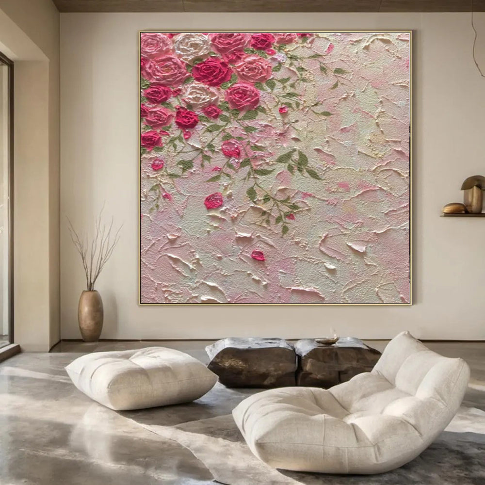 Pink & Green Roses, Textured Background - "Textured Blooms" - Impasto Oil Painting CT1450