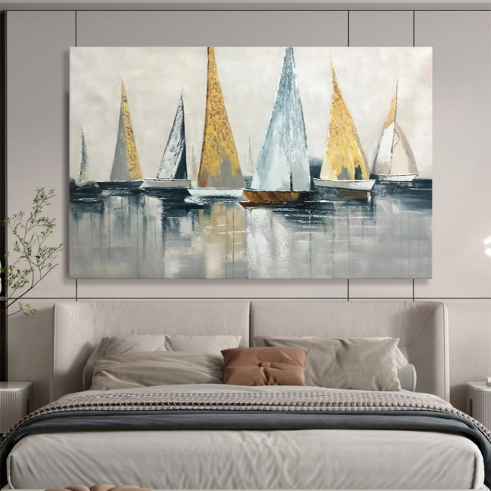 “Gold and Gray Sailboat Abstract” Painting On Canvas DKH169