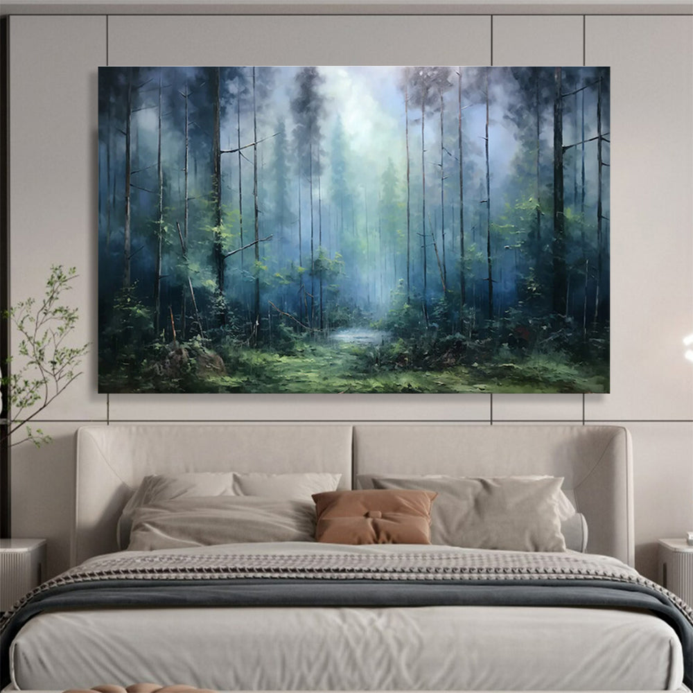 “Misty Forest Path - Cool Blue & Green Landscape Painting On Canvas” DKH869