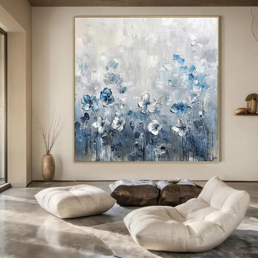 “Textured Blue - White Floral Field” – Impasto Floral Painting CT1086