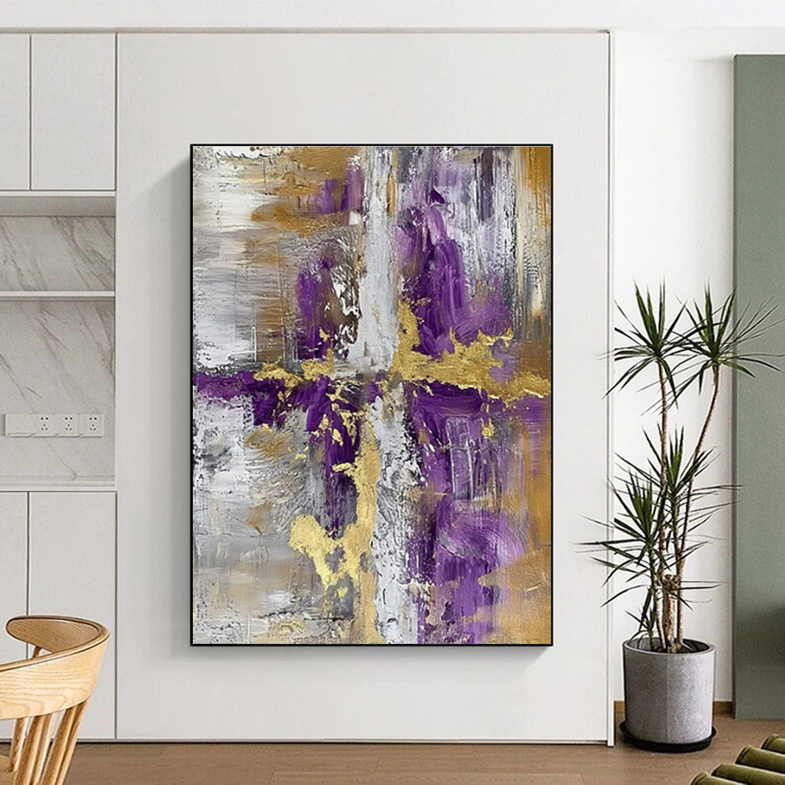 “Purple - Gold - Gray Abstract Cross” ,Abstract Acrylic Painting CT0846