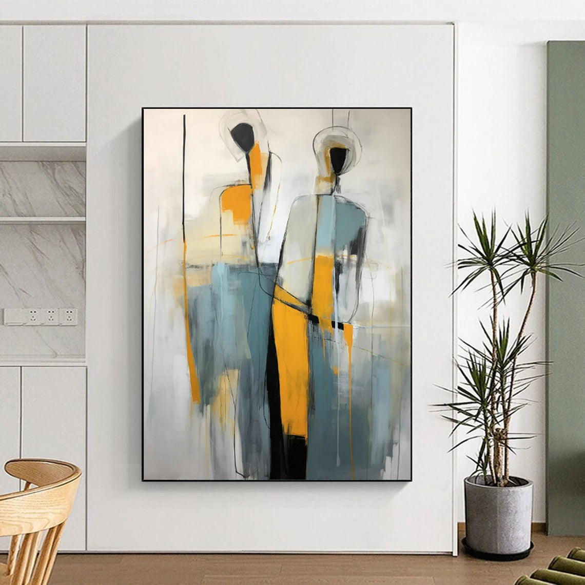 “Abstract Figures” - Gray, Orange & Blue Abstract Painting On Canvas CT2232