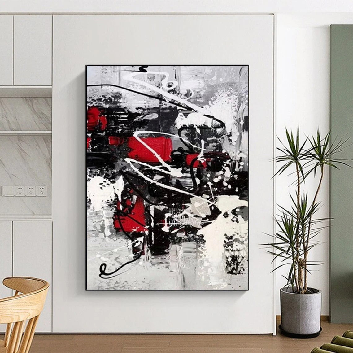 “Black, White, Red Dynamic Splashes ‘Vibrant Chaos’” - Impasto Abstract Painting On Canvas DTP383