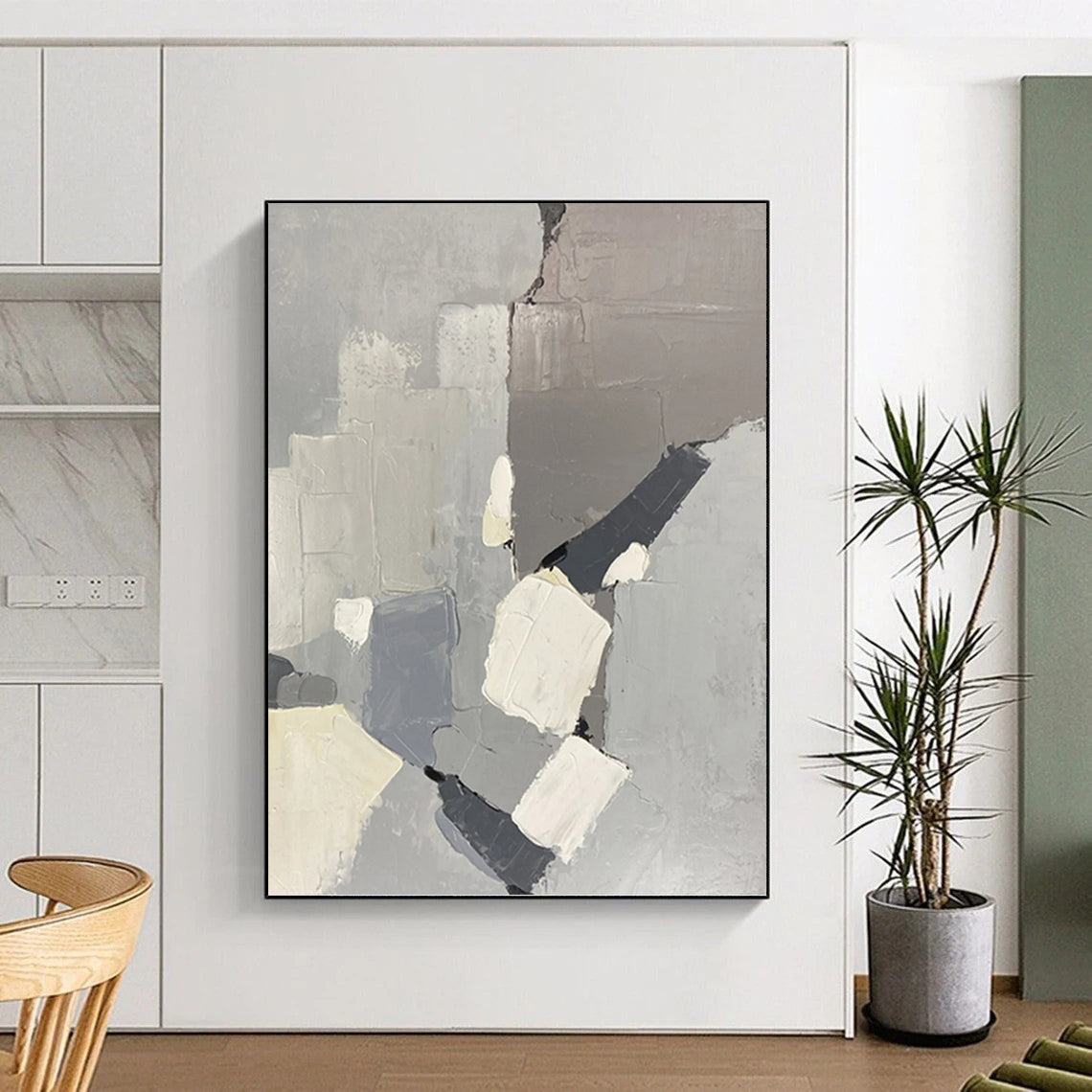 “Gray - Toned Geometric Abstraction” - Gray, White & Black Abstract Geometric Shapes Painting On Canvas DKH1586