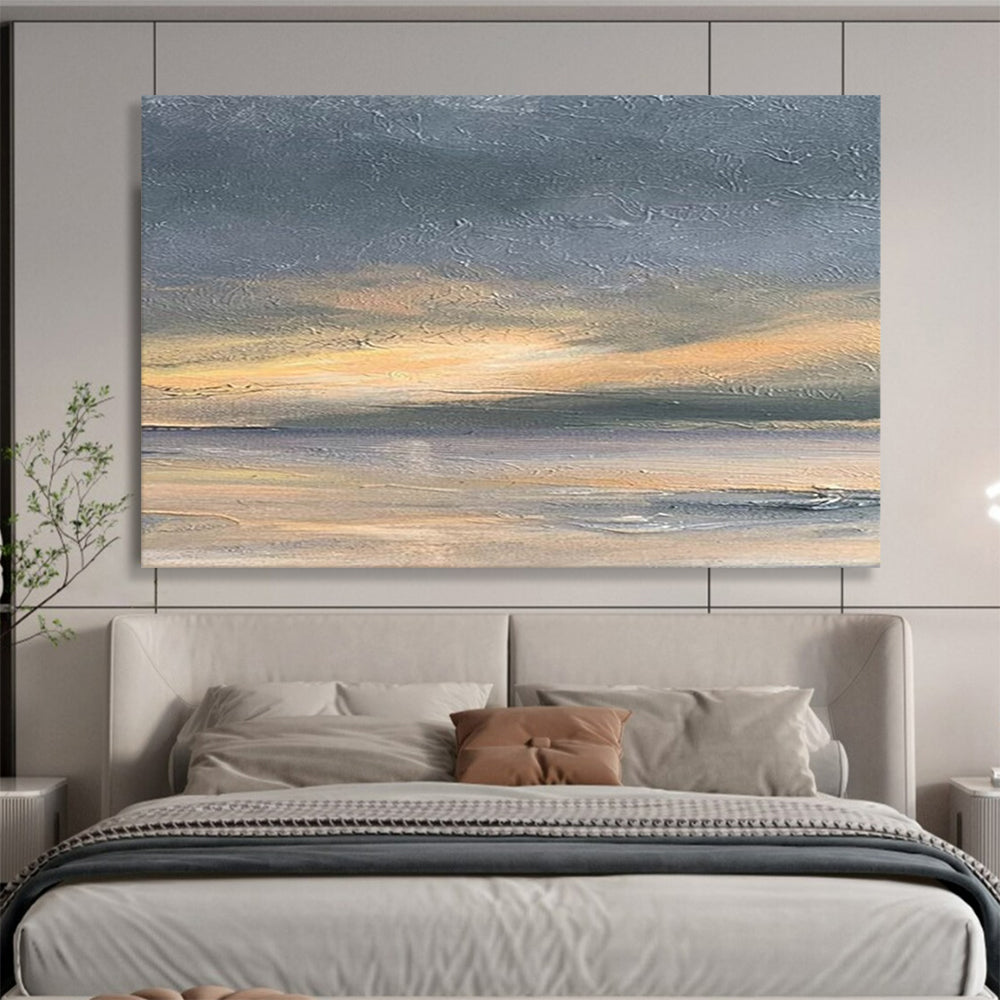 “Gray, Orange, Serene ‘Sunset Shore’” - Abstract Seascape Painting On Canvas DLZ016