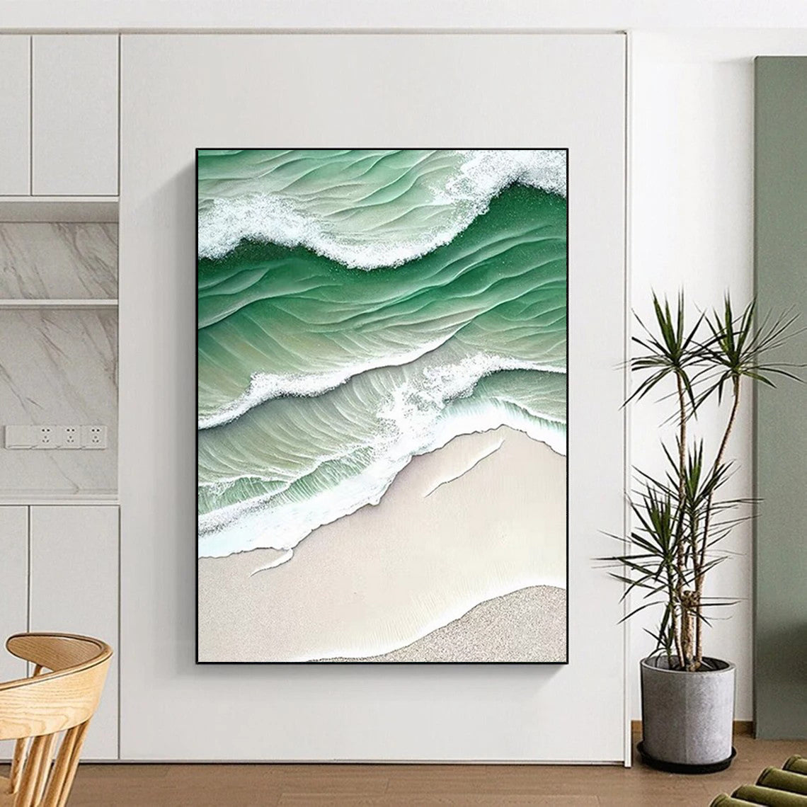 “Green - White Wave Aerial” - Green, White, Beige Coastal Aerial Painting On Canvas DTP290
