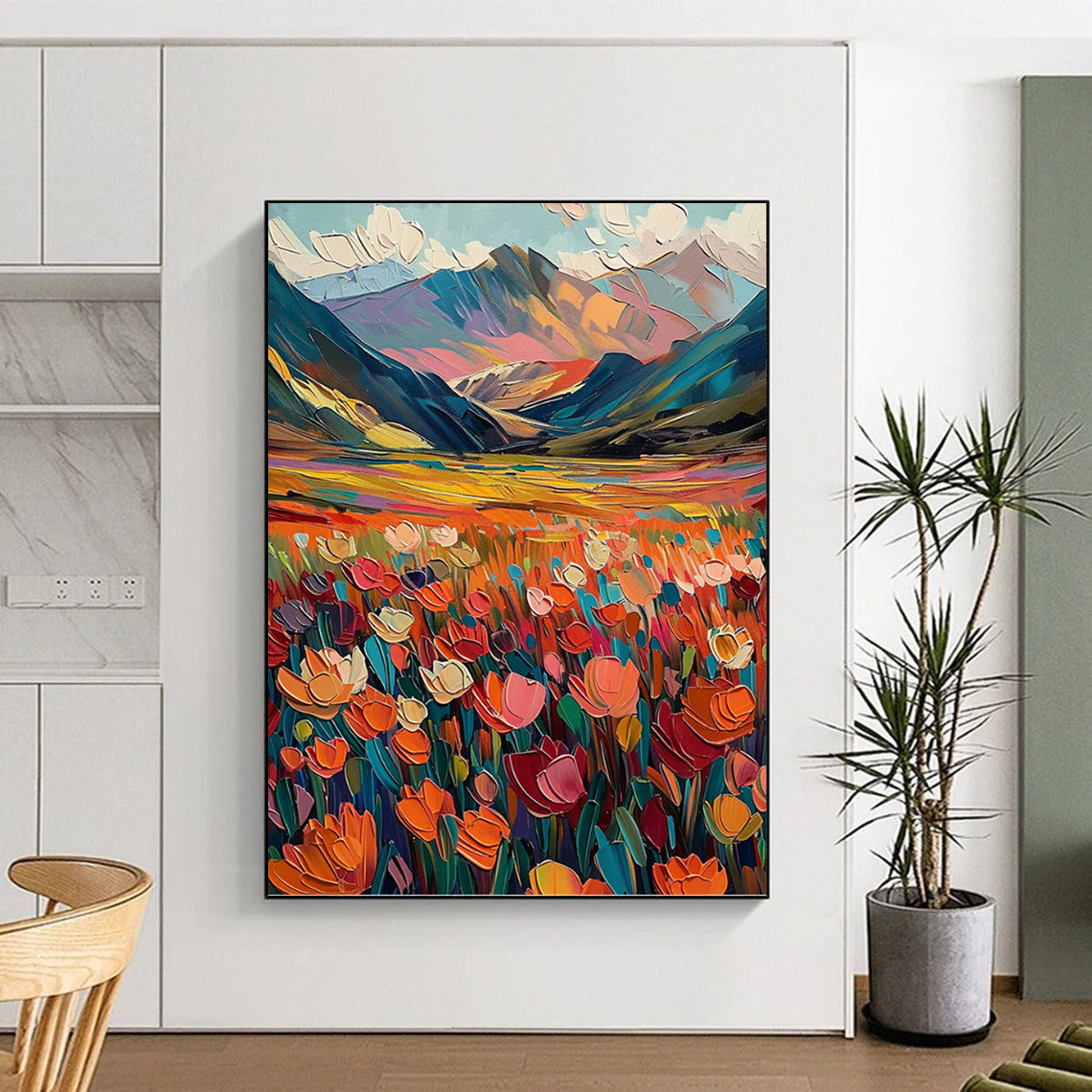 “Color - Burst Mountain Meadow with Vivid Florals” - Abstract Expressionist Landscape Painting On Canvas DKH1597