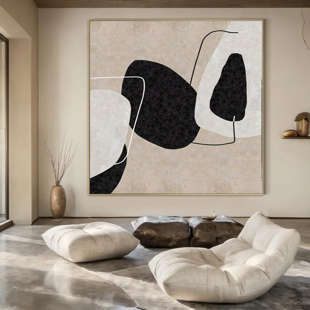 “Beige - Black - White Geometric Forms” – Geometric Abstract Painting CT1152