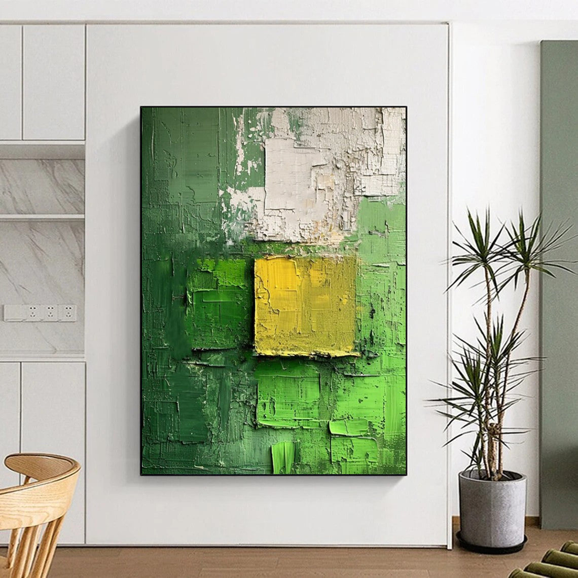 “Green - Yellow Textured Squares” - Impasto Abstract Painting On Canvas DTP029