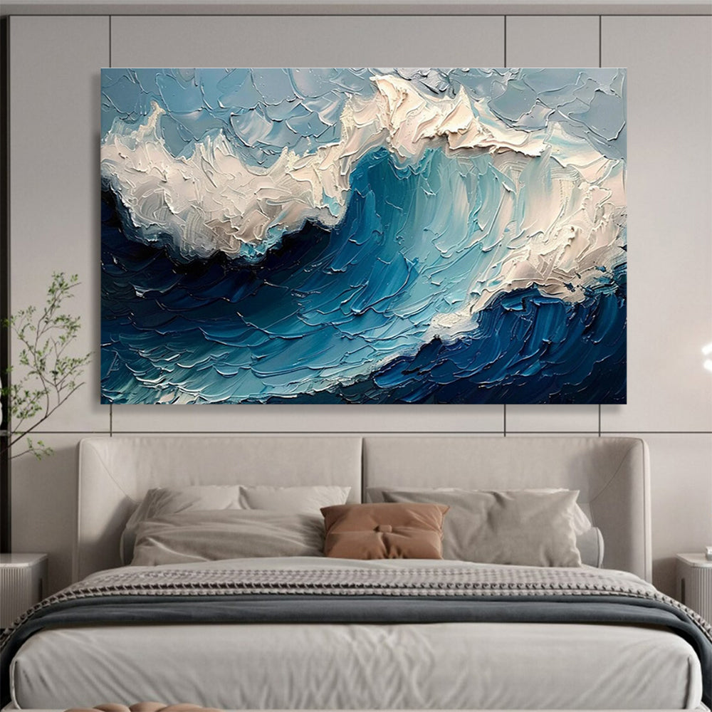 “Textured Ocean Wave” - Blue, White Impasto Seascape Painting On Canvas DKH766