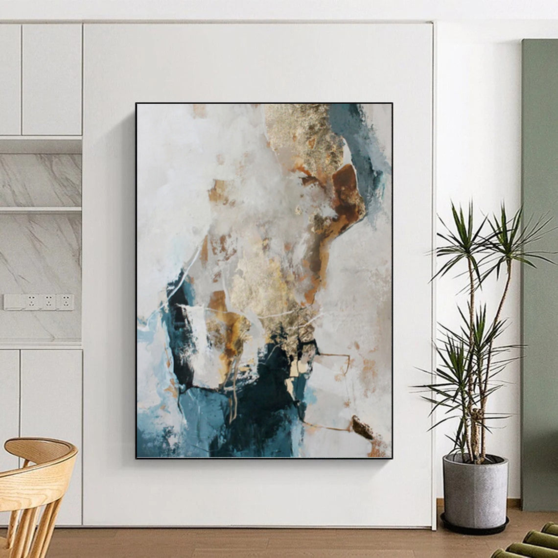 “Blue, Gold & White Abstract” - Blue, Gold & White Coastal - Inspired Painting On Canvas DKH1010