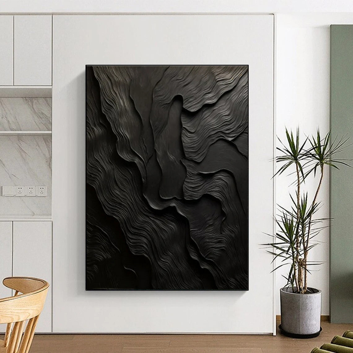 “Black Textured Waves” ,Abstract Textured Painting CT0833