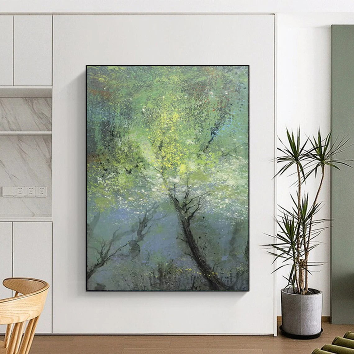 “Misty Green Forest” - Green, Blue, Gray Abstract Landscape Painting On Canvas DTP247