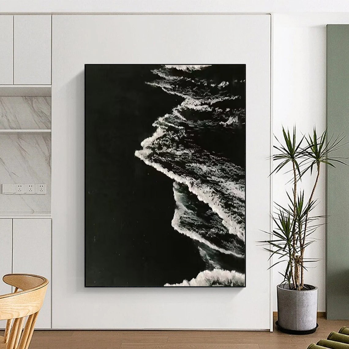 “Black, White Textured Waves ‘Nocturnal Tide’” - Impasto Monochrome Sea Painting On Canvas DTP349
