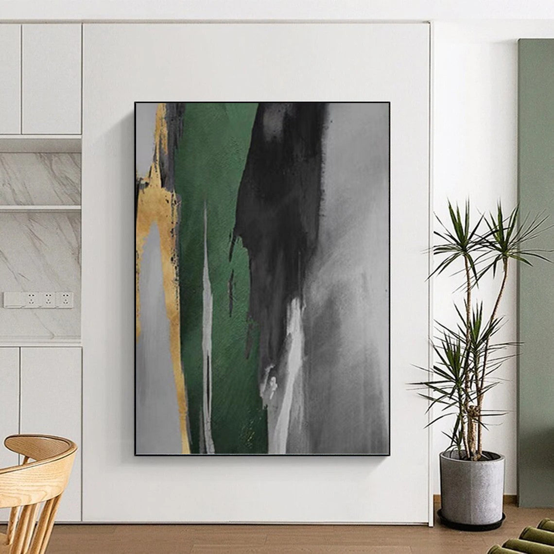 “Green - Gray - Gold Bold Strokes” - Green, Gray & Gold Abstract Expressionist Painting On Canvas DKH0932