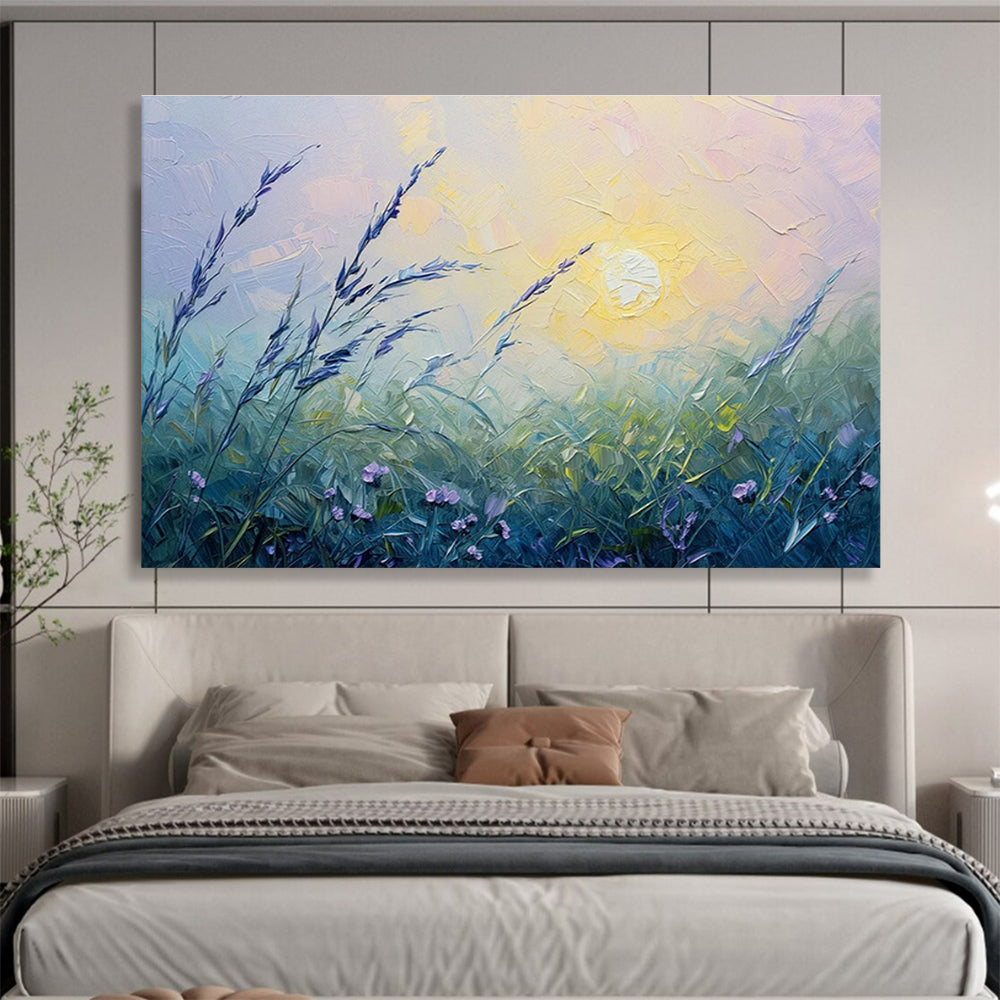 “Pastel Meadow at Sunset” - Soft Purple, Green, Yellow Impressionistic Landscape Painting On Canvas DKH762