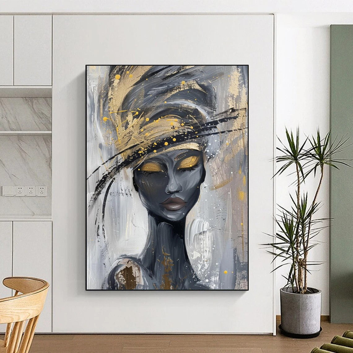 “Elegant Gold - Hatted Lady” - Gray, Black & Gold Abstract Portrait Painting On Canvas CT2197