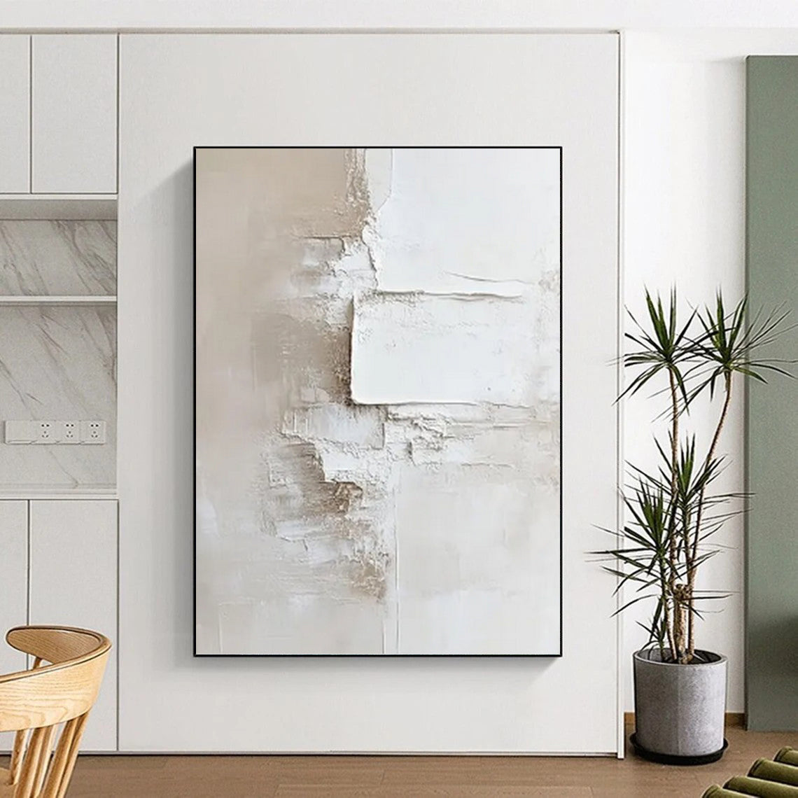 “White & Beige Layered Plaster Abstract” Painting On Canvas DKH0978