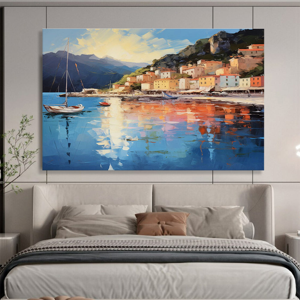Coastal Village - Bright Blue & Warm Orange Impressionistic Town Painting On Canvas DKH877