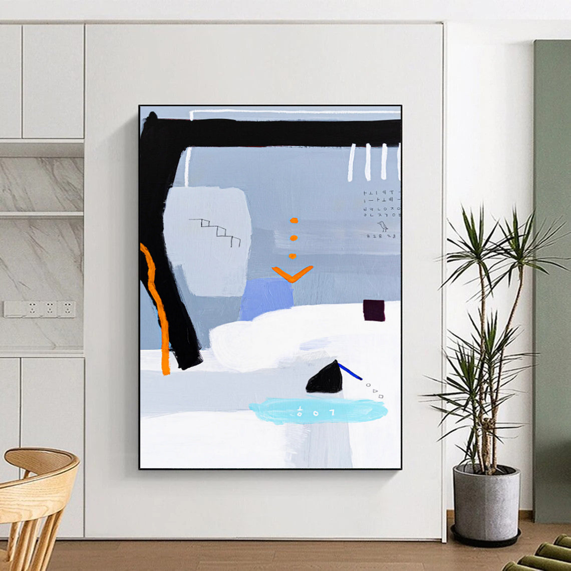 “Gray - Toned Abstract with Black, Orange, and Blue Accents” - Whimsical Abstract Painting On Canvas DKH1097