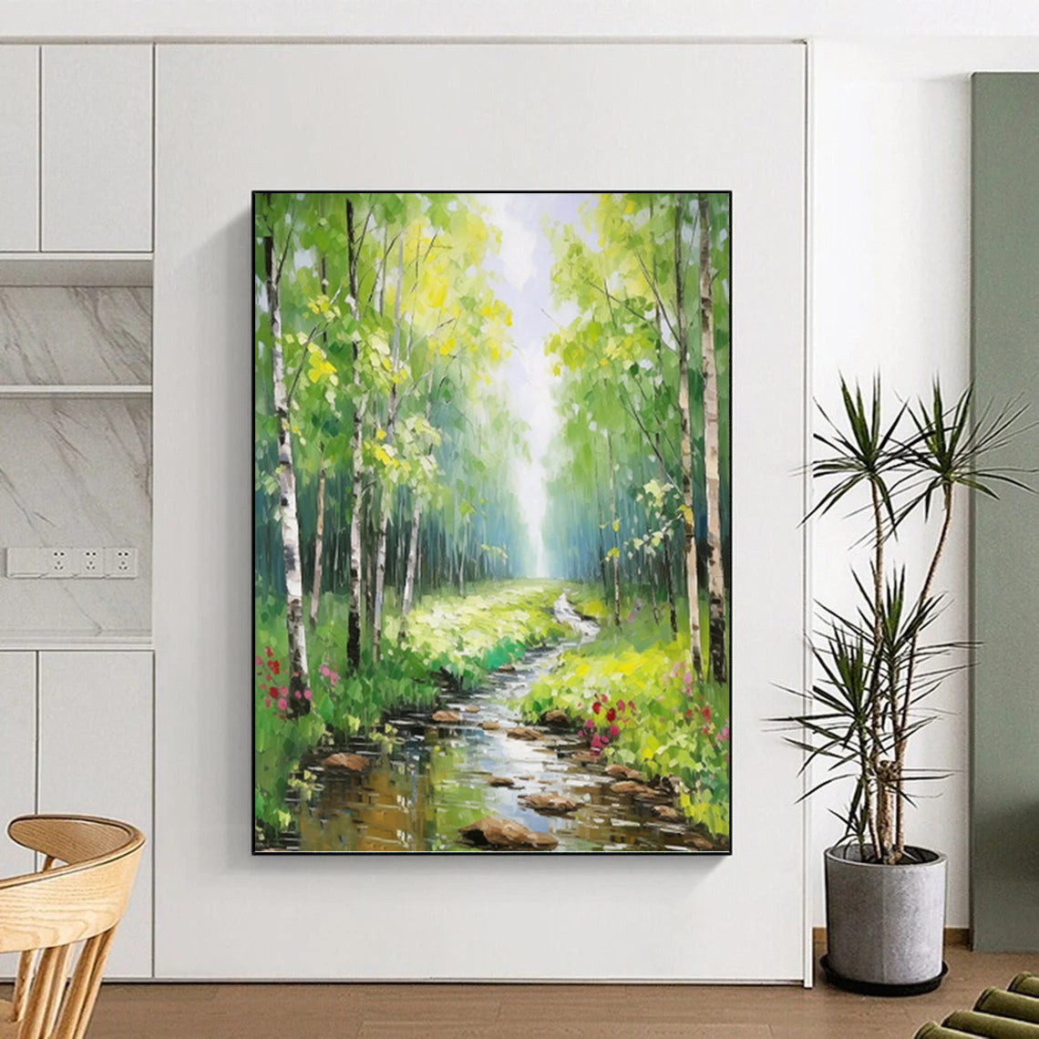 Sunlit Forest Stream - Landscape Oil Painting On Canvas DKH1266