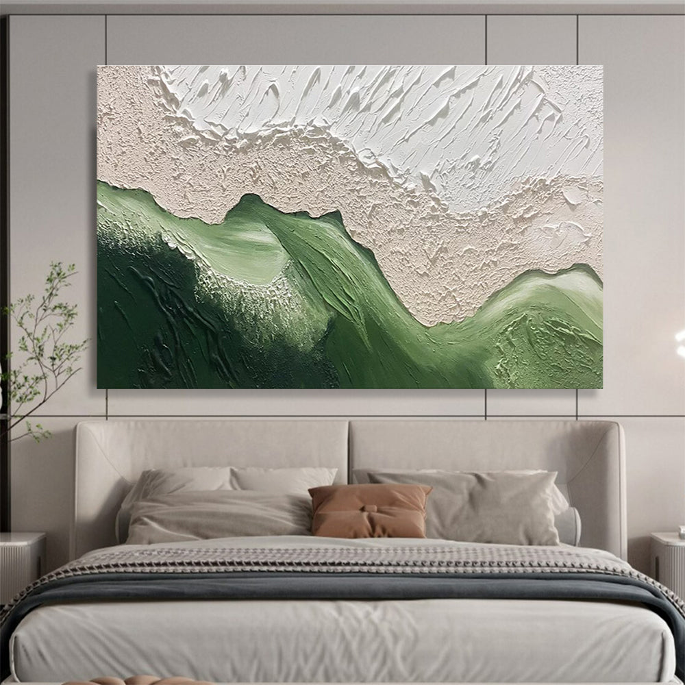 Abstract Green Mountains - Beige & Green Textured Landscape Painting On Canvas DKH874