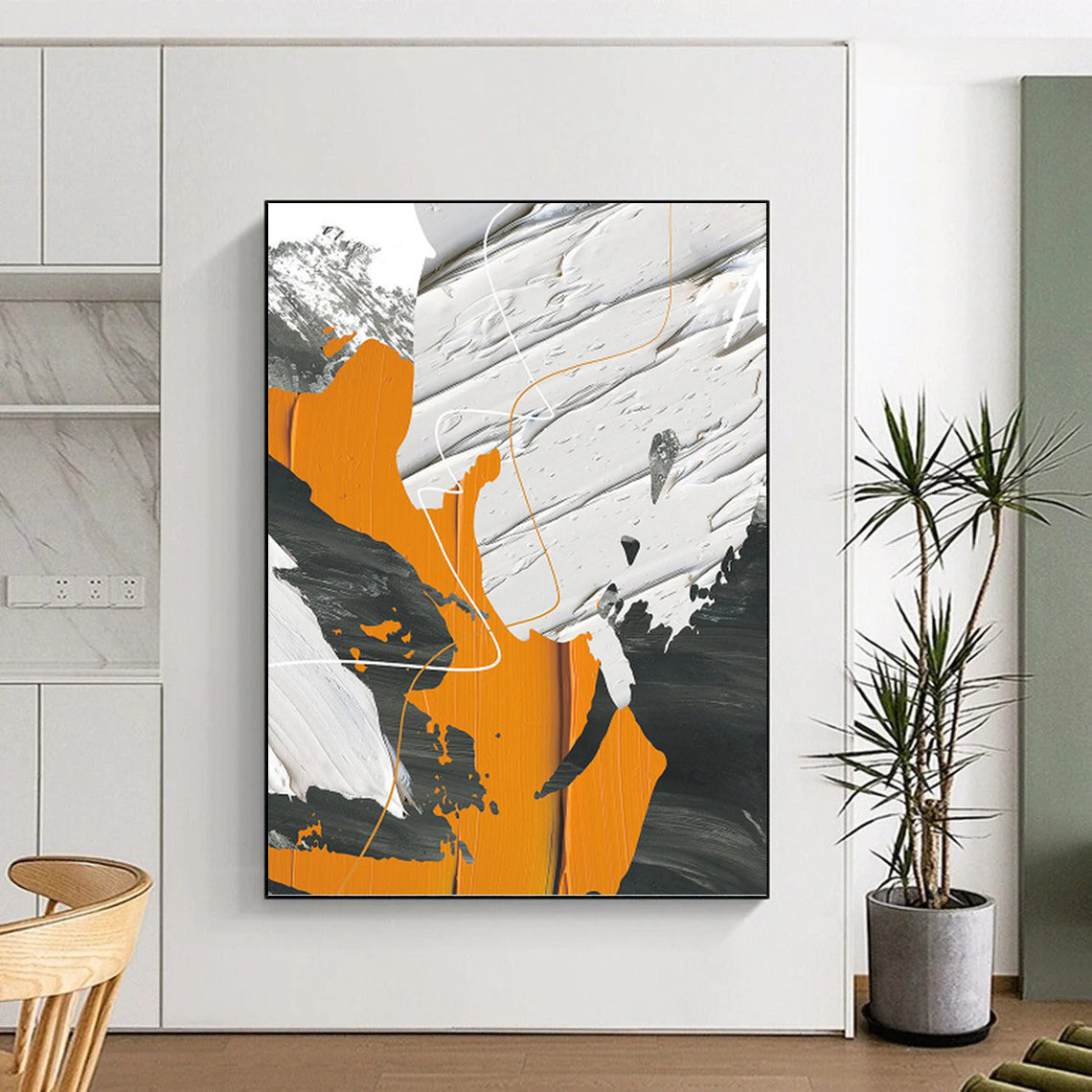 “Dynamic Forms” - Orange, White, Gray & Black Abstract Lines Painting On Canvas DKH1528