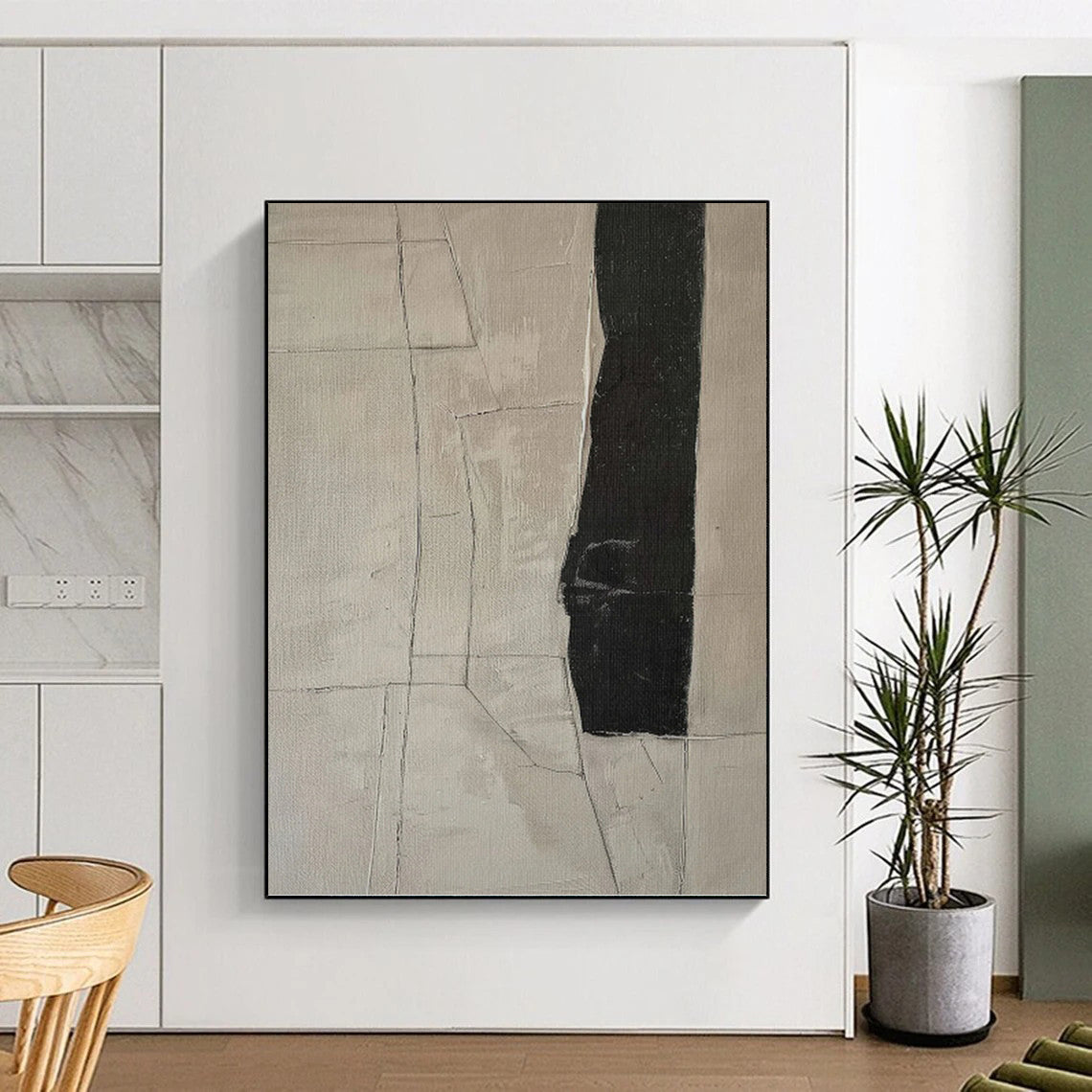 “Monochrome Cracks” - Beige & Black Geometric Lines Painting On Canvas DKH1158