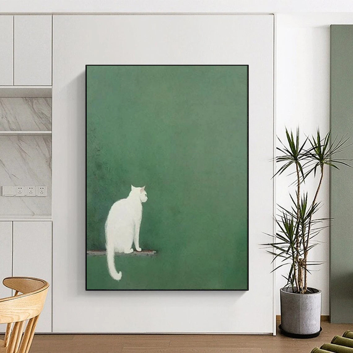 “White Cat on Green” - Minimalist Animal Art CT1937