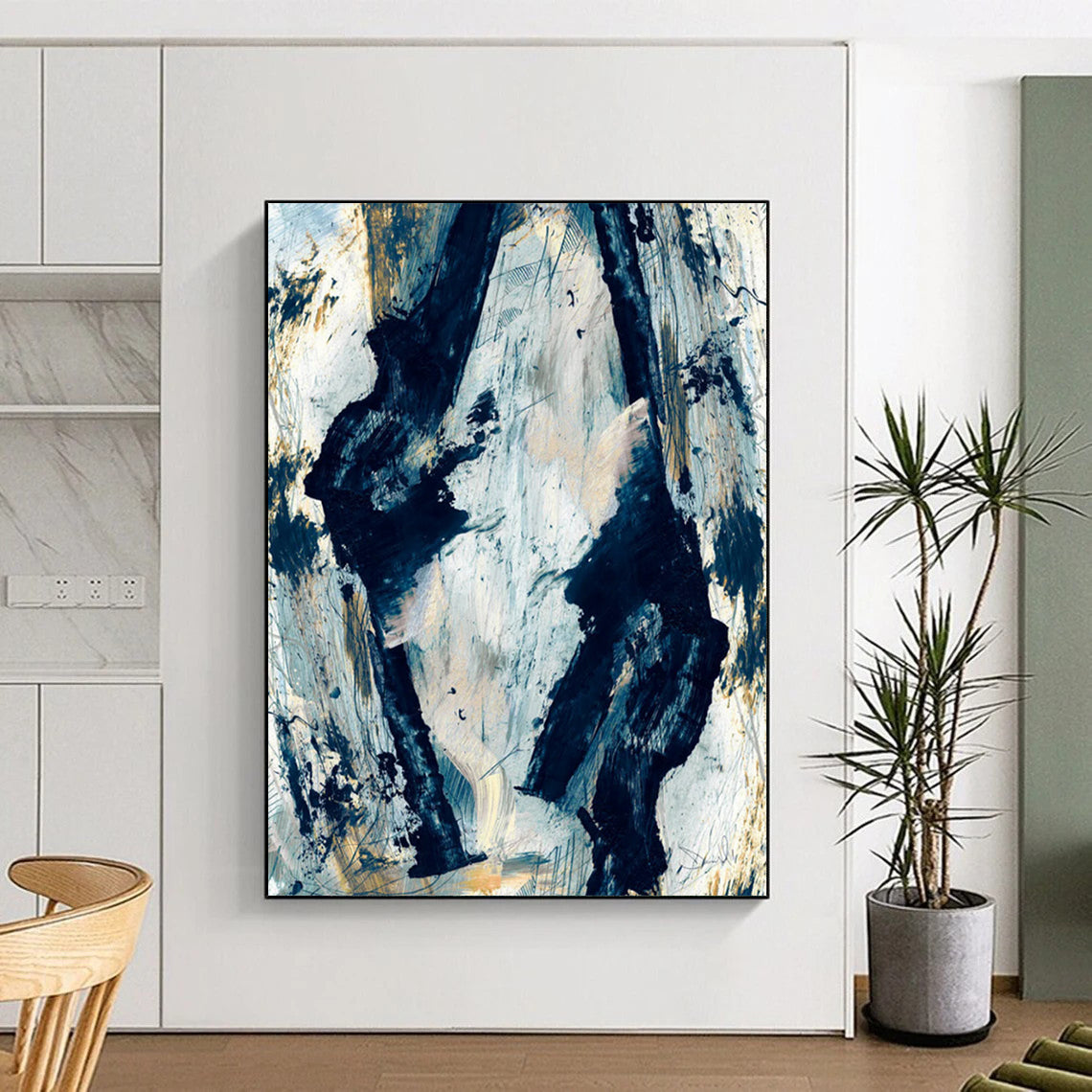 “Blue and Gold Abstract Forms” - Blue, Gold, White Abstract Painting On Canvas DTP244