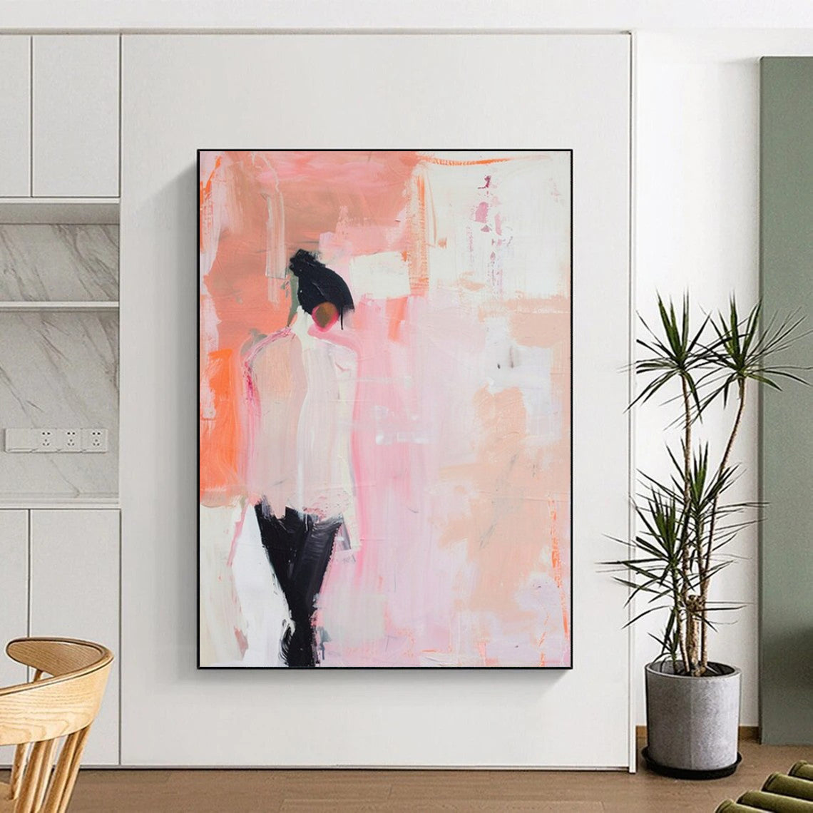 “Minimalist Figure in Pink” - Pink & Black Abstract Figure Painting On Canvas CT2205