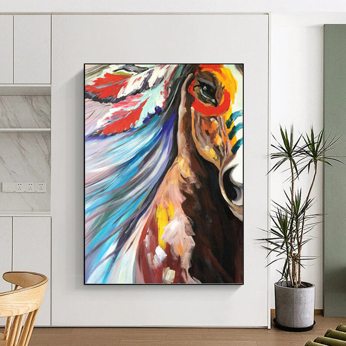 Colorful Horse with Feathered Headdress - Equine Painting On Canvas DKH1426