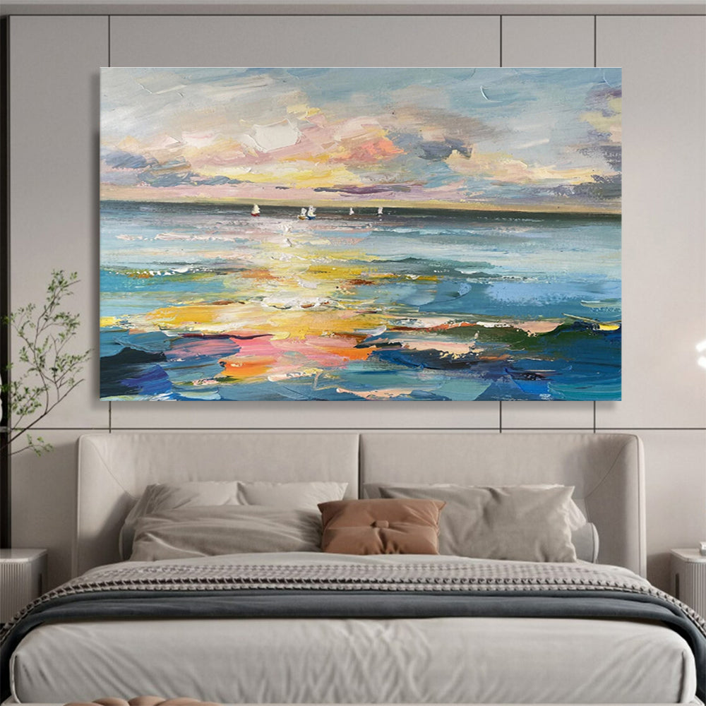 Colorful Sunset, Ocean, and Sailboats “Sailors’ Dusk Delight” Painting On Canvas DKH115
