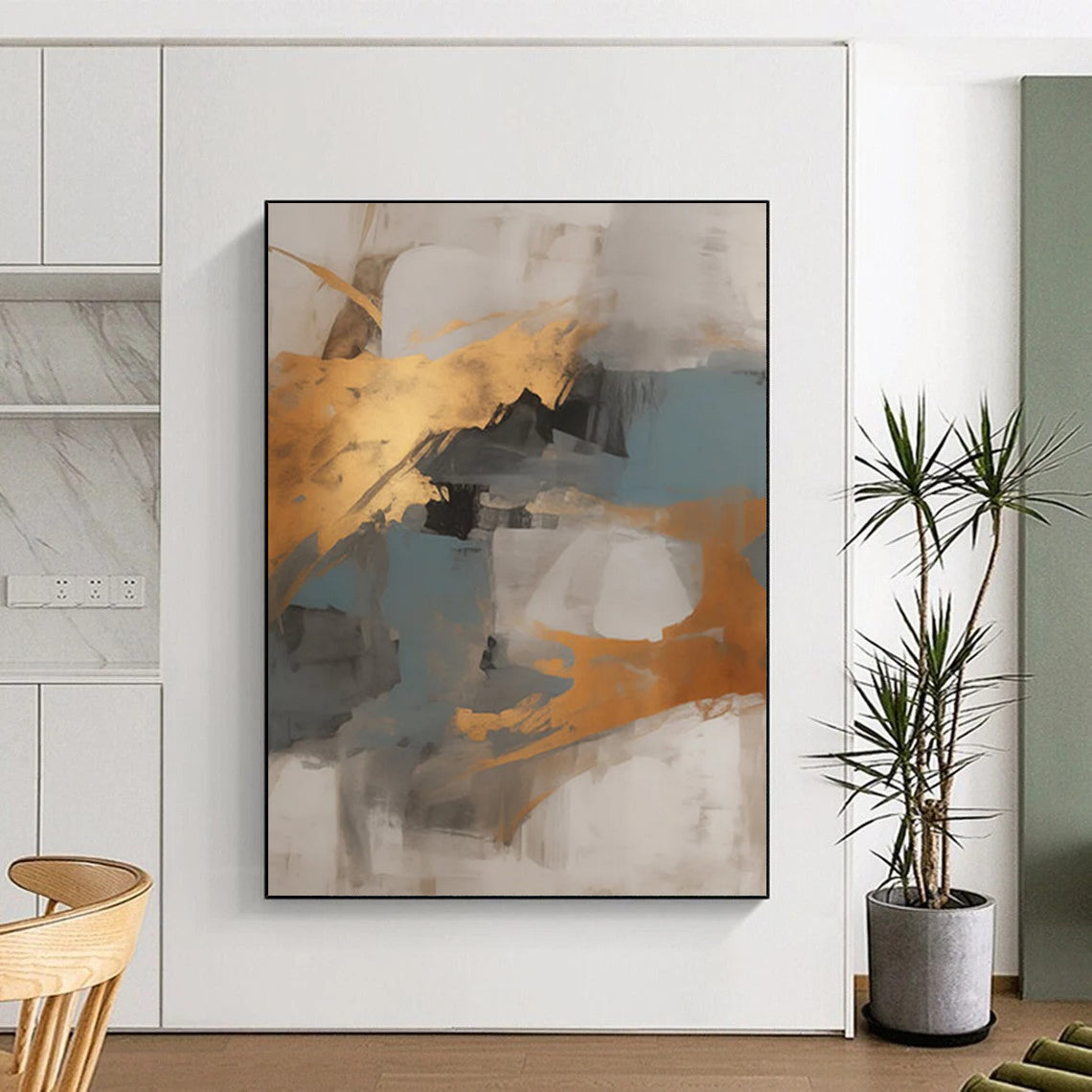 “Gray - Gold Abstract Shapes” - Modernist Abstract Painting On Canvas DTP136