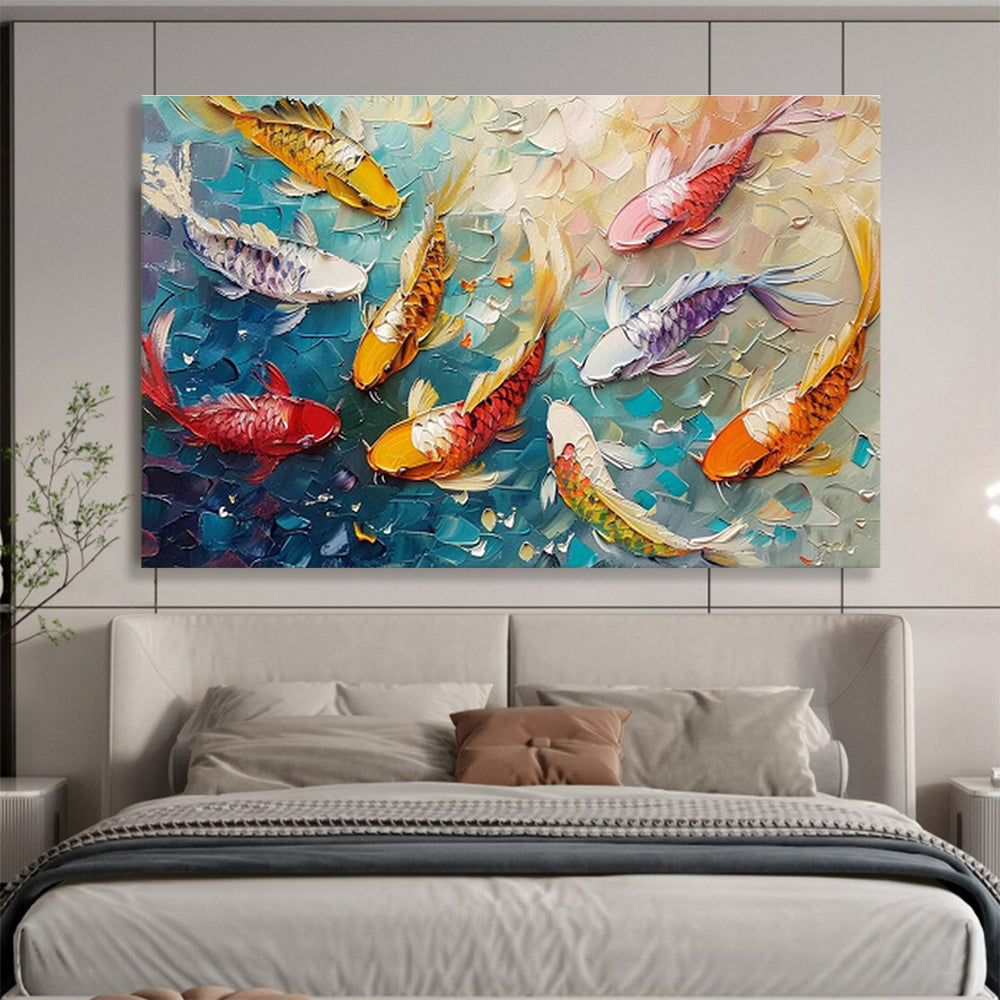“Koi Celebration” - Colorful, Textured Fish & Water Impasto Painting On Canvas DKH705