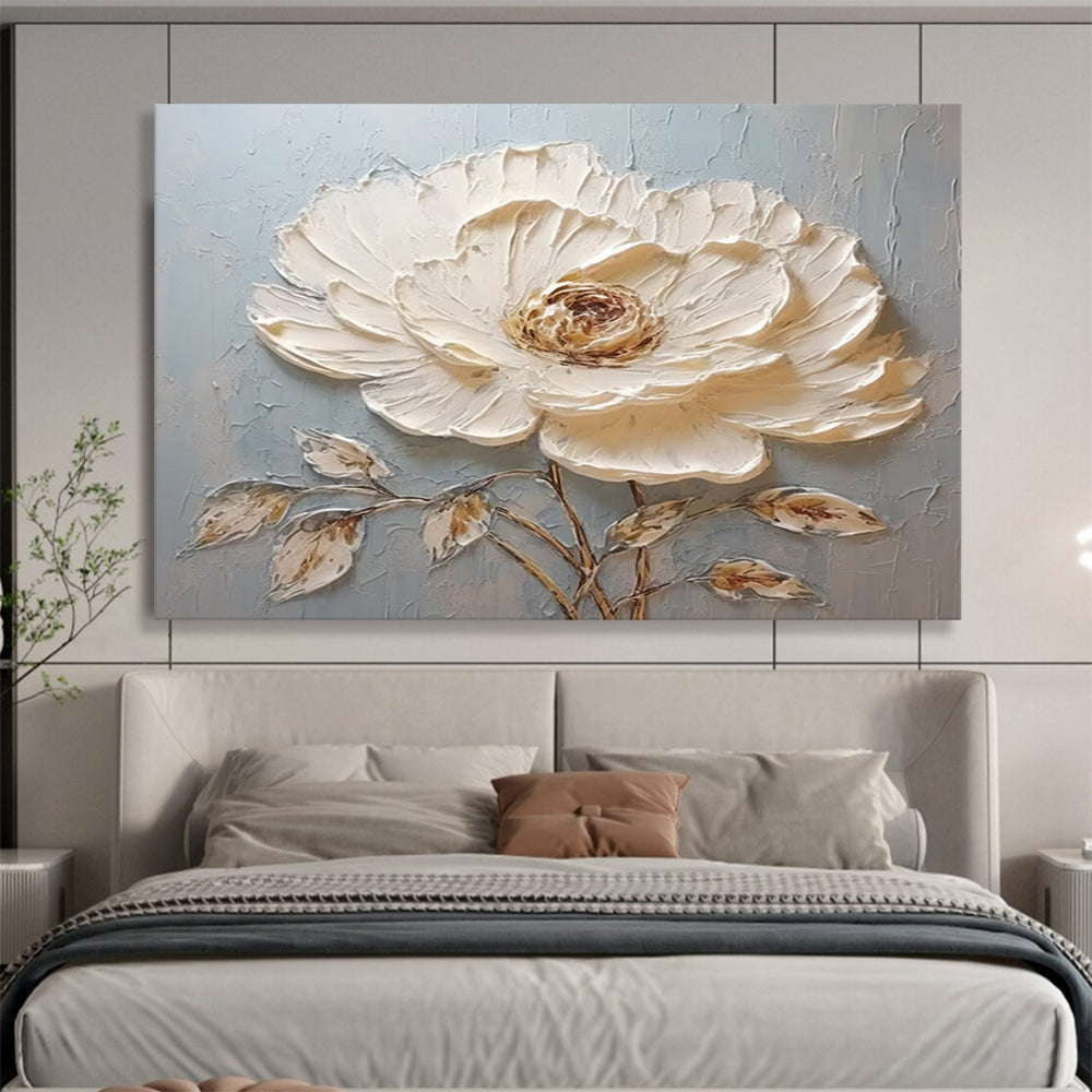Single White Textured Flower - Impasto Botanical Painting On Canvas DLZ175